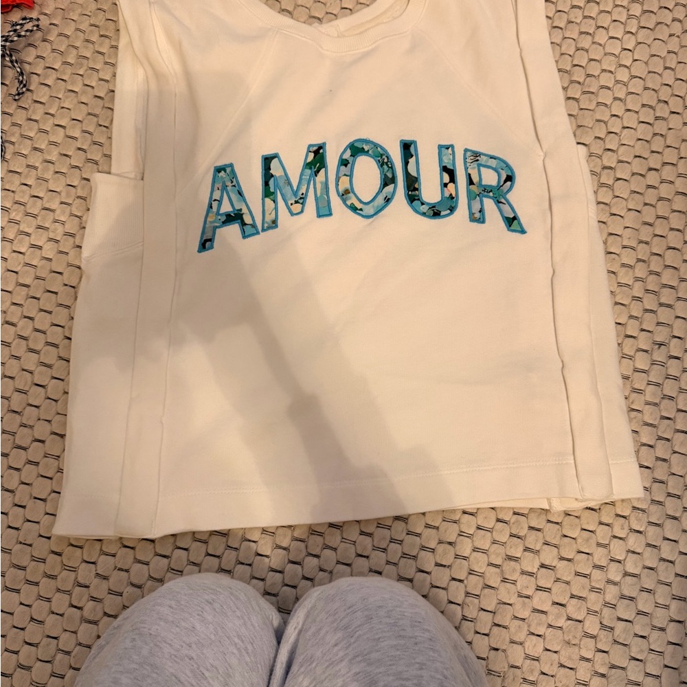 Anthropologie White Tank Top with Teal Patterned AMOUR Applique